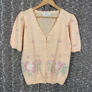Vintage Margules Pink Floral Knit Short Sleeve Sweater Cottagecore Women's Small